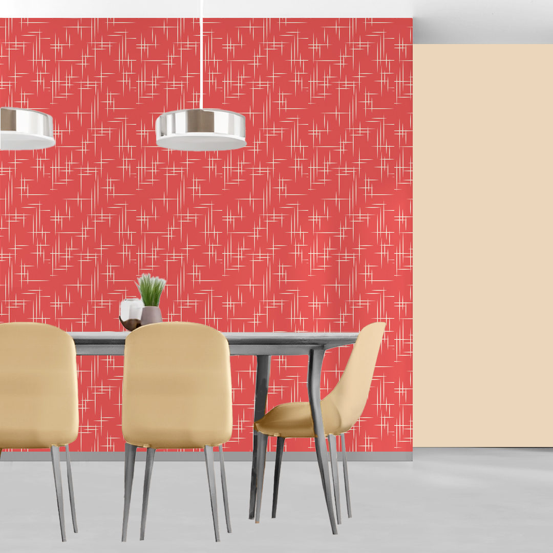 The artwork consists of a red square background with a repeating pattern of starburst shapes created by intersecting elongated lines. These lines are light-colored, contrasting sharply against the red background. The lines form multiple four-pointed stars with varying lengths and thicknesses, radiating outward in a geometric arrangement. The composition presents a clean, mid-century modern aesthetic, emphasizing simplicity and bold contrasts.